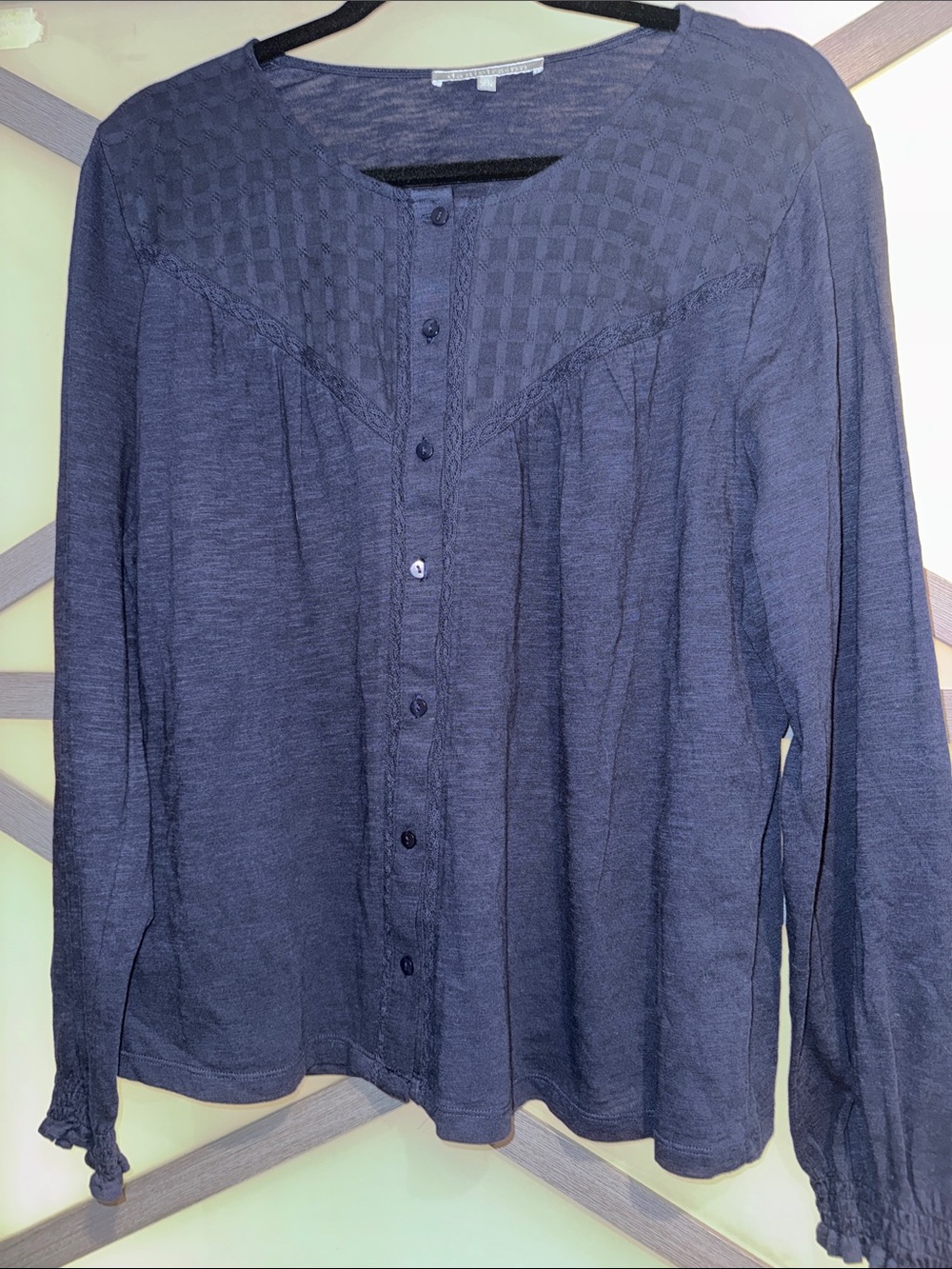 Daniel Rainn XL Navy Lace Pintuck Button Front Boho Blouse